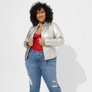 Torrid Size 0 Metallic Silver Moto Collarless Faux Leather Jacket